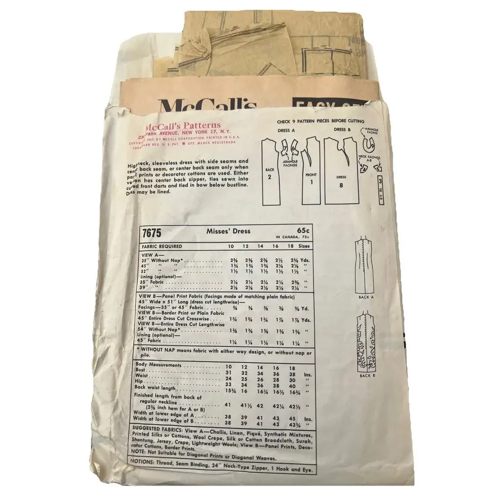 McCall's 7675 Vintage 1960s Pattern UNCUT Misses Dress Sleeveless Size 10 B31